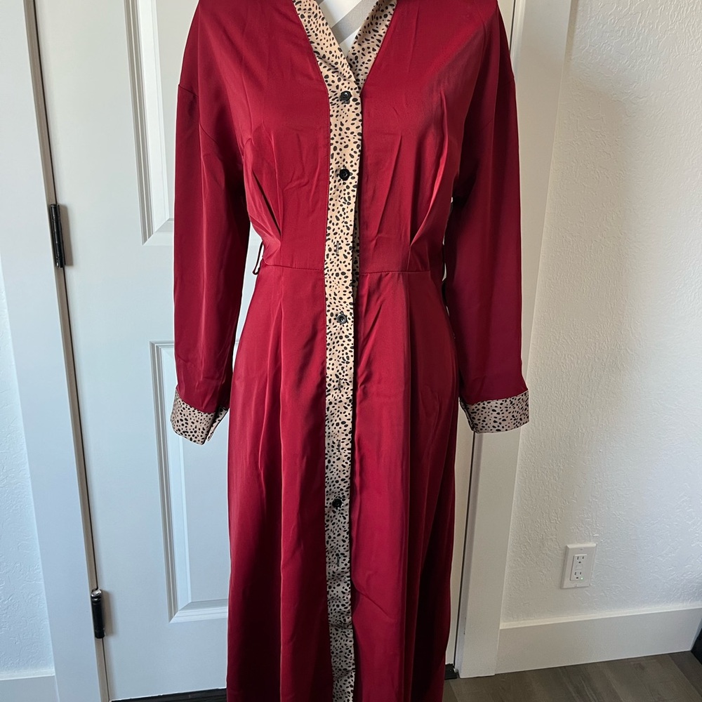 Chic Red Button-Up Dress with Leopard Trim